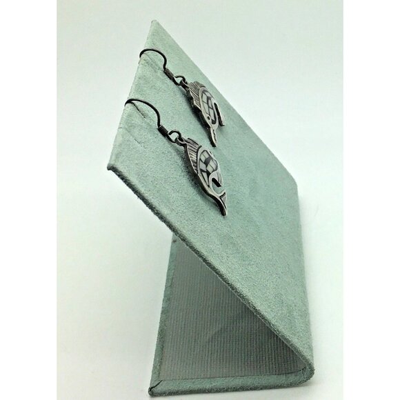 Taxco Sailfish Swordfish Marlin Earrings Sterling Silver MOP Onyx Inlay - Picture 4 of 4